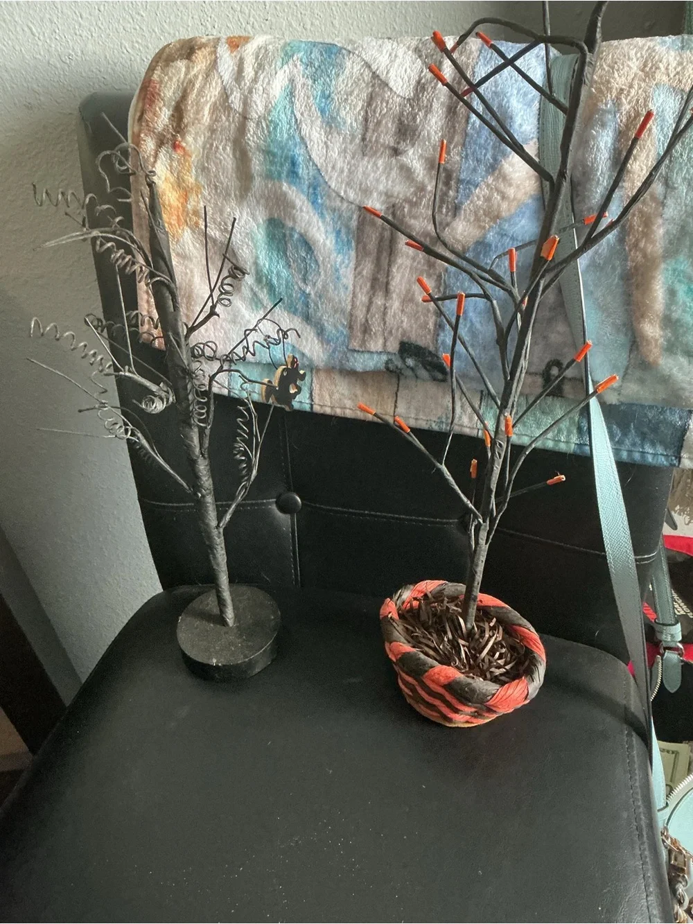 lot of two vintage Halloween trees with wood ornaments please see pictures